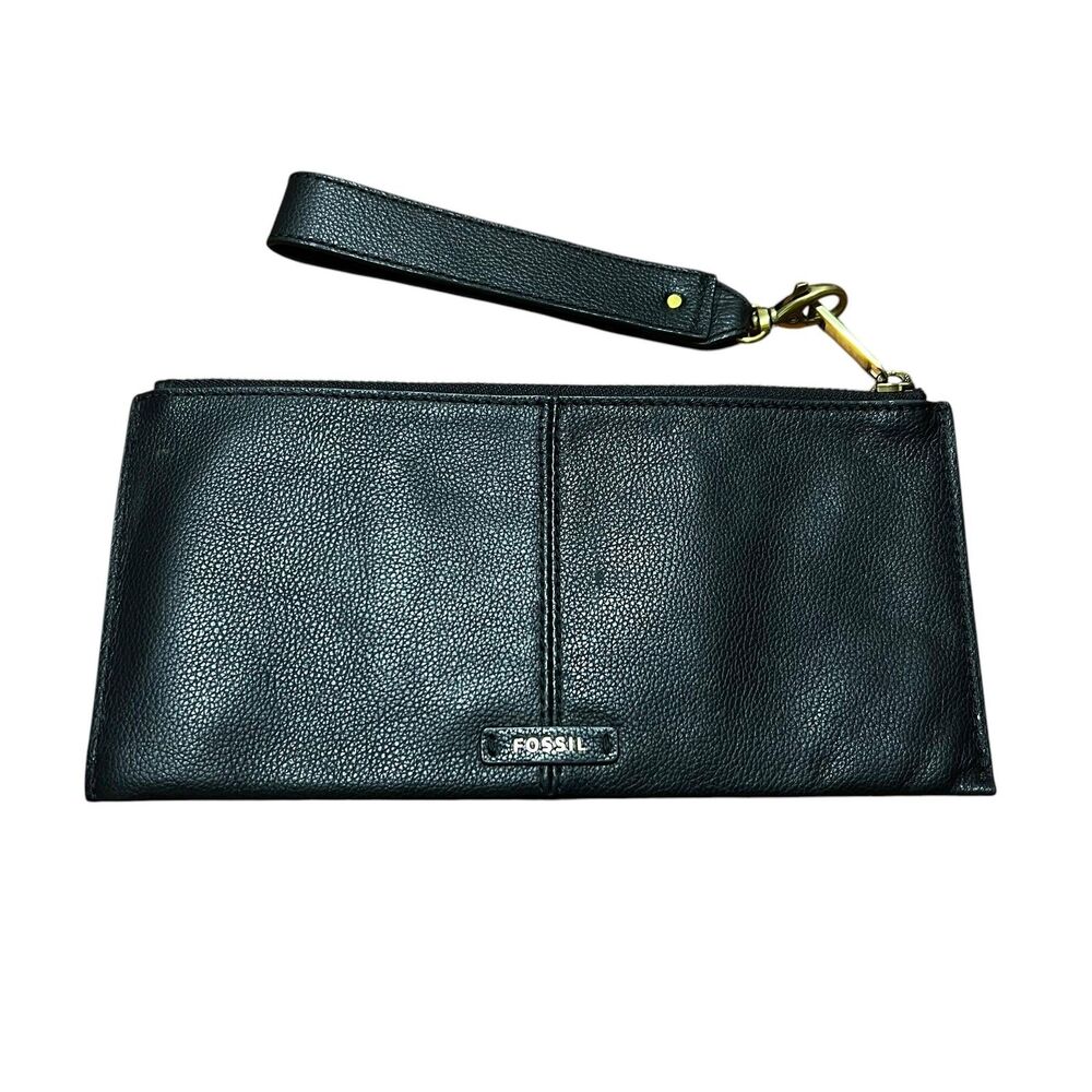Fossil Liv Wristlet Clutch Bag Women's Small Black Leather Zip Purse Evening